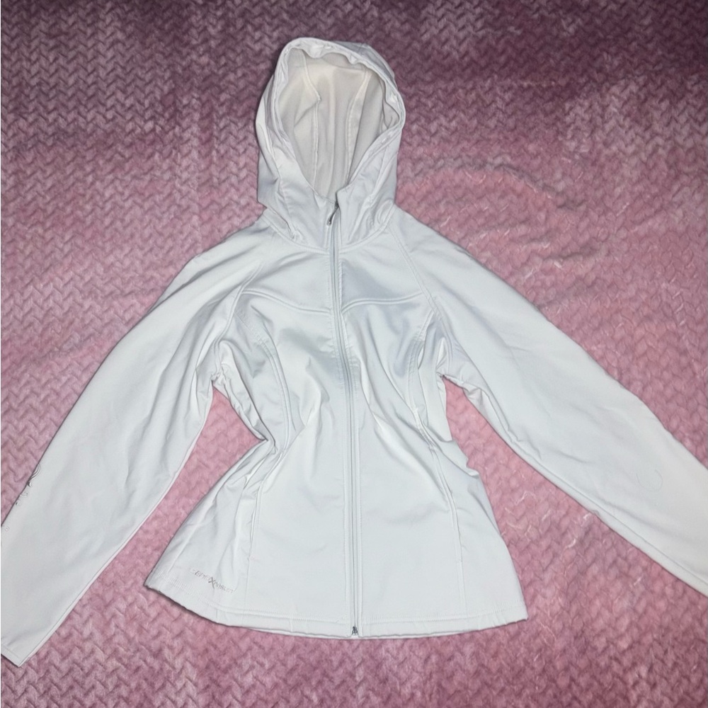 ZeroXposur White Hooded Zip-Up Jacket with embroidered detailing on sleeves